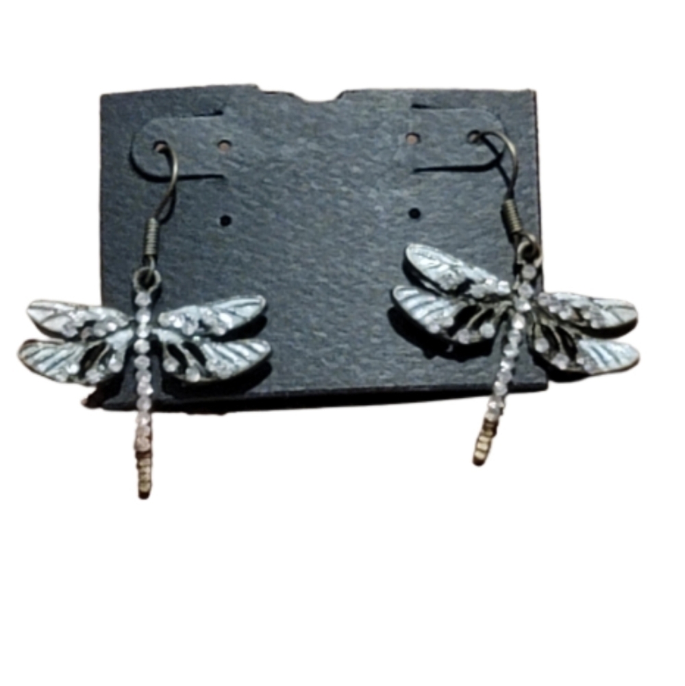 Silvertone Dragonfly Dangle Drop Earrings Clear Rhinestones  Pierced